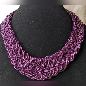 Woven Braided Seed Bead Statement Necklace, Purple, Adjustable